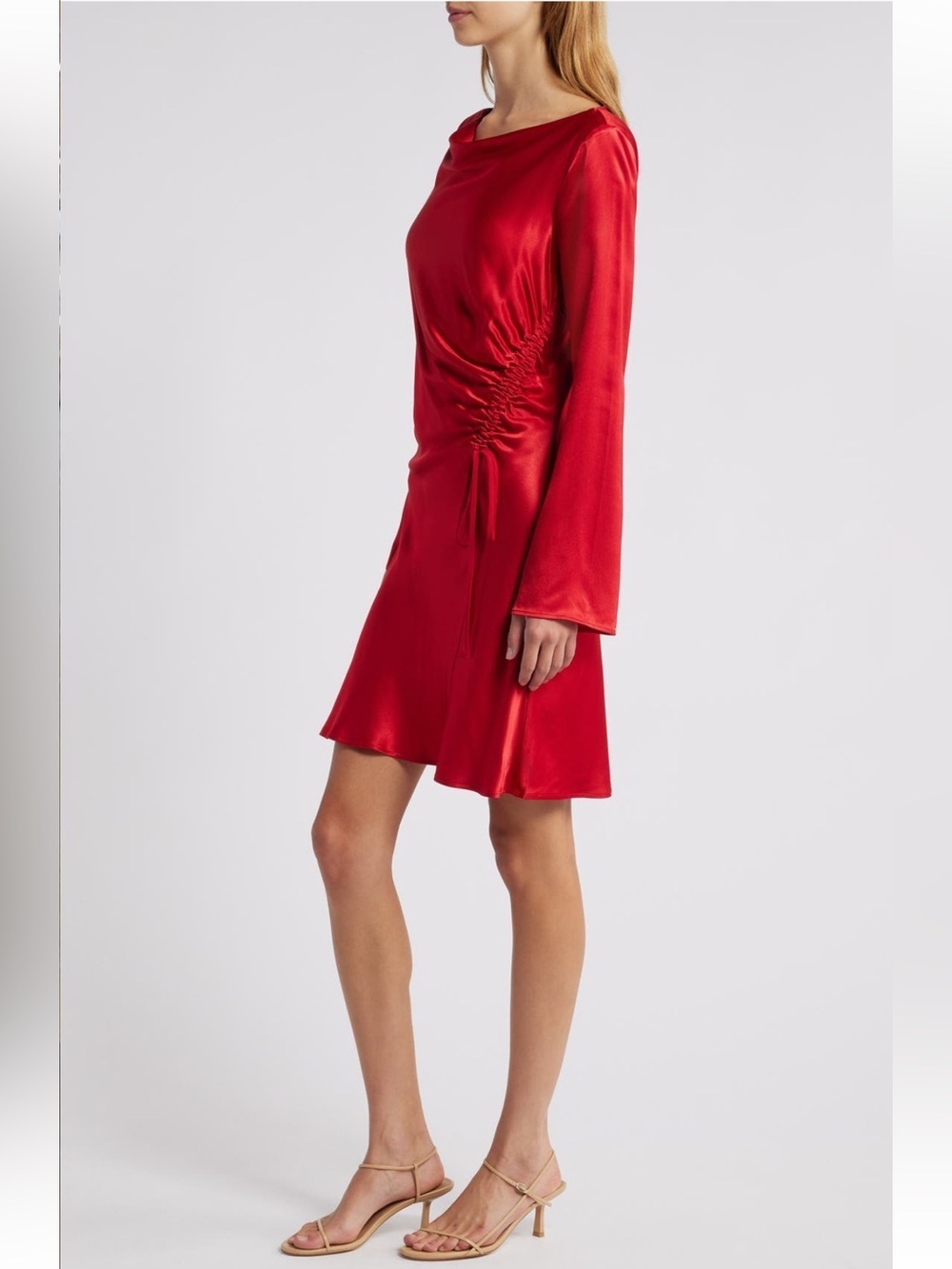 Rails Alessandra Long-Sleeve Ruched Satin Dress In Scarlet - Picture 3 of 8